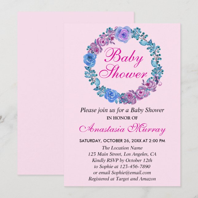 Girly Blush Pink Purple Floral Wreath Baby Shower Invitation (Front/Back)