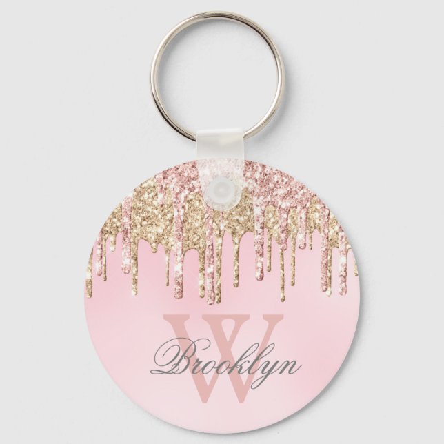 Girly Blush Pink Rose Gold Glitter Drips Monogram Key Ring (Front)