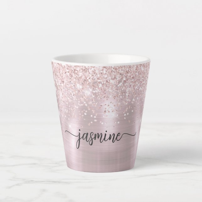 Girly Blush Pink Rose Gold Glitter Metal Monogram Latte Mug (Front)