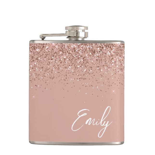 Girly Blush Pink Rose Gold Glitter Monogram Flask (Front)