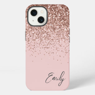 Girly Blush Pink Rose Gold Glitter Monogram iPhone 13 Case