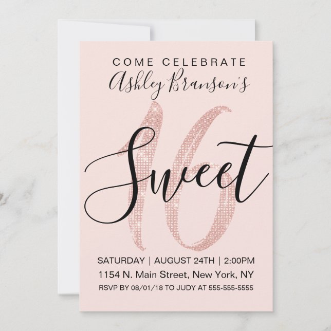Girly Blush Pink Rose Gold Sequin Glitter Sweet 16 Invitation (Front)