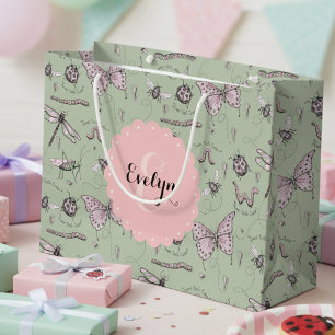 Girly Blush Pink & Sage Sweet Little Critter Name Large Gift Bag