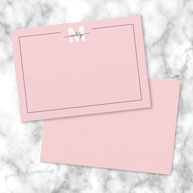 Girly Blush Pink Script Name Monogram Card (Girly Blush Pink Script Calligraphy Name Monogram Note Card)