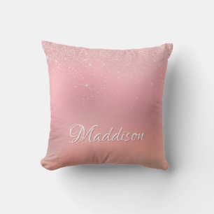 Girly Blush Pink Silver Glitter Personalised Name Cushion