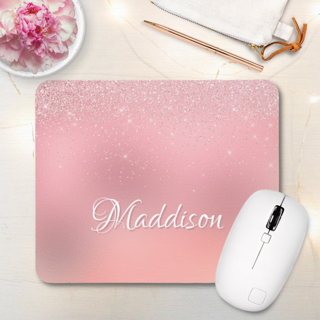 Girly Blush Pink Silver Glitter Personalised Name Mouse Pad (Creator Uploaded)