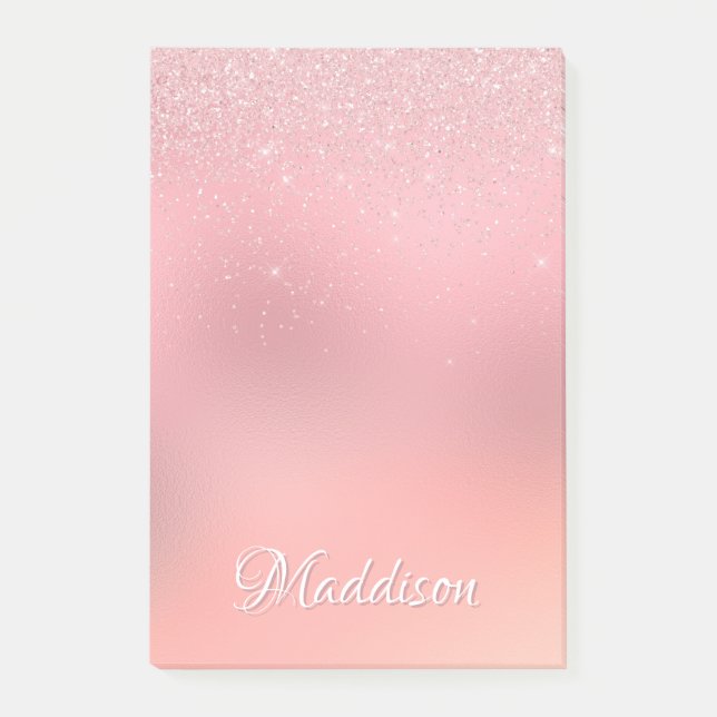 Girly Blush Pink Silver Glitter Personalised Name Post-it Notes (Front)