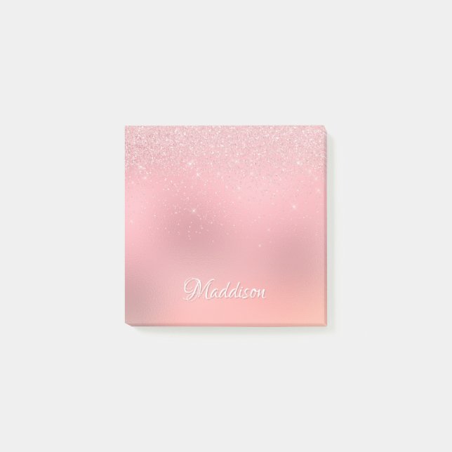 Girly Blush Pink Silver Glitter Personalised Name Post-it Notes (Front)