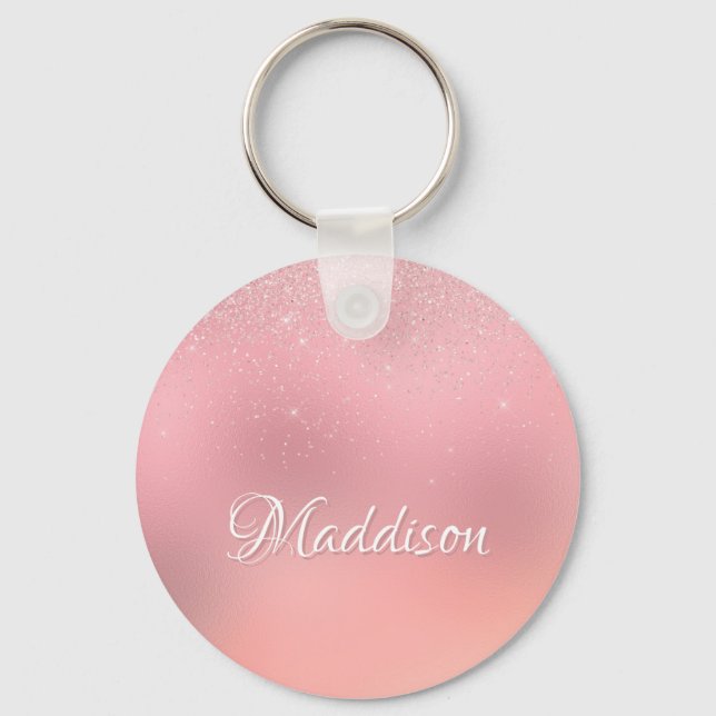 Girly Blush Pink Silver Glitter Personalized Name Key Ring (Front)