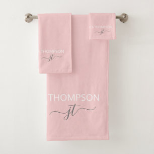 Girly Blush Pink Simple Script Monogram Name  Bath Towel Set