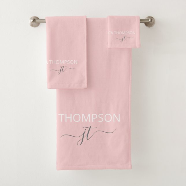 Girly Blush Pink Simple Script Monogram Name  Bath Towel Set (Insitu)