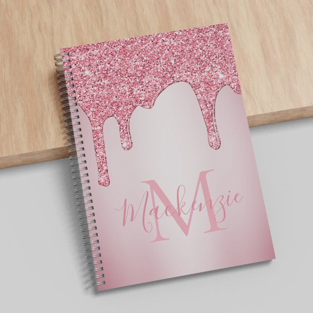 Girly Blush Pink Sparkle Glitter Drips Monogram Notebook (Creator Uploaded)