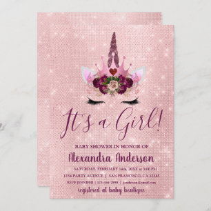 Girly Blush Pink Sparkle Unicorn Baby Shower Invitation