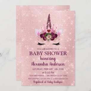 Girly Blush Pink Sparkle Unicorn Baby Shower Invitation