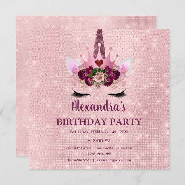 Girly Blush Pink Sparkle Unicorn Birthday Party Invitation (Front/Back)