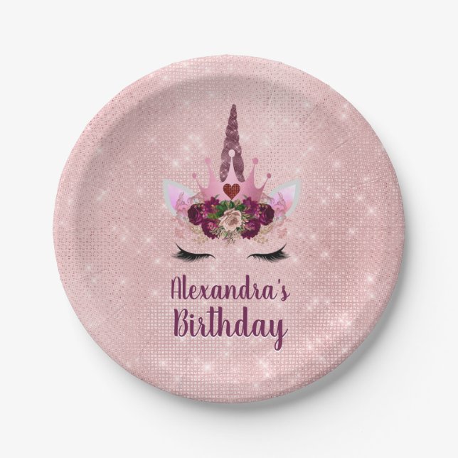 Girly Blush Pink Sparkle Unicorn Birthday Party Paper Plate (Front)