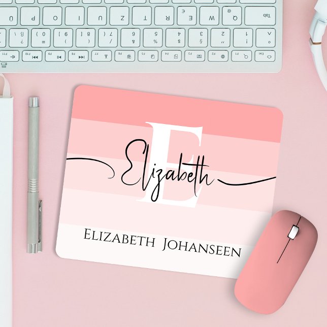Girly Blush Pink Stripes Minimalist White Monogram Mouse Pad (Creator Uploaded)