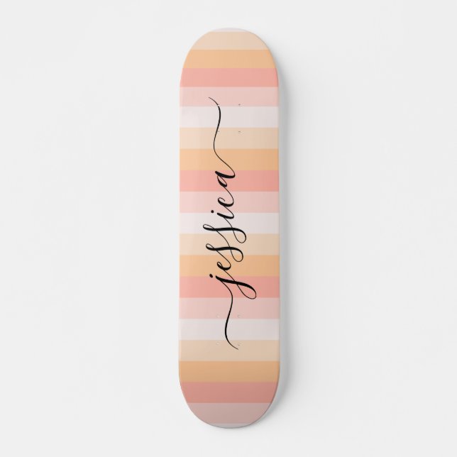 Girly blush pink stripes script name skateboard (Front)