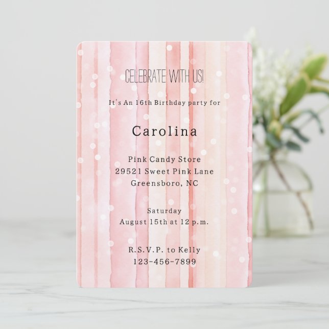 Girly Blush Pink Stripes White Dots Birthday Invitation (Standing Front)