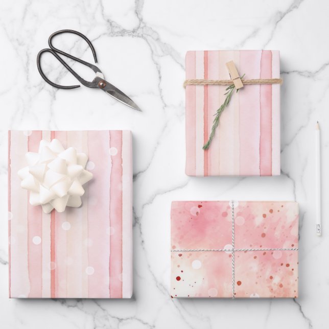 Girly Blush Pink Stripes White Dots Birthday Wrapping Paper Sheet (Front)