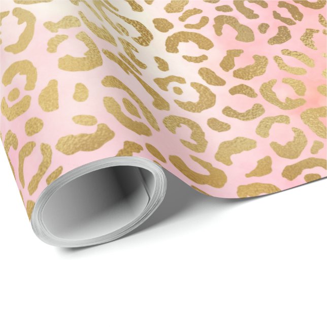 Girly Blush Pink Tie Dye Gold Leopard Print Wrapping Paper (Roll Corner)