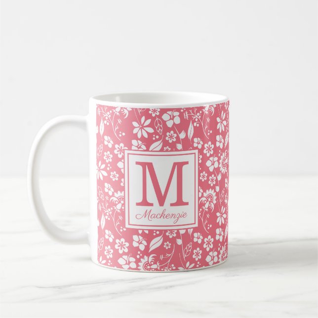 Girly Blush Pink Tropical Flowers Monogram Coffee Mug (Left)