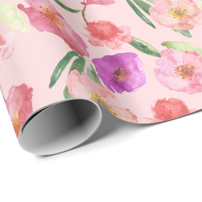 Girly Blush Pink Watercolor Flowers Wrapping Paper (Roll Corner)