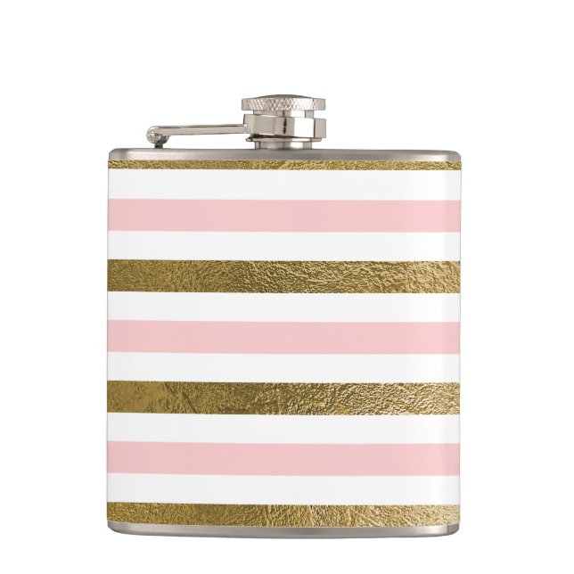 Girly Blush Pink, White and Gold Foil Pattern Hip Flask (Front)