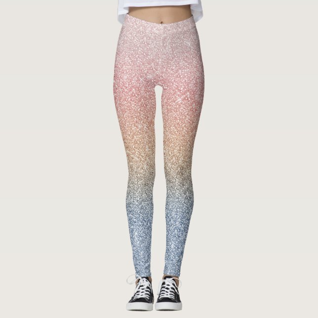 Girly Blush Rose Gold Blue Ombre Glitter Sparkles Leggings (Front)