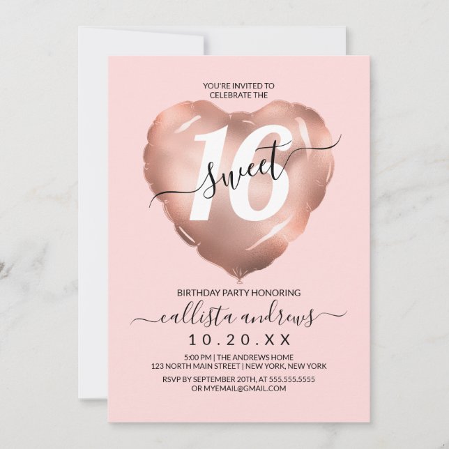 Girly Blush Rose Gold Foil Heart Balloon Sweet 16 Invitation (Front)