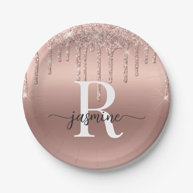 Girly Blush Rose Gold Glitter Dripping Monogram Paper Plate (Front)