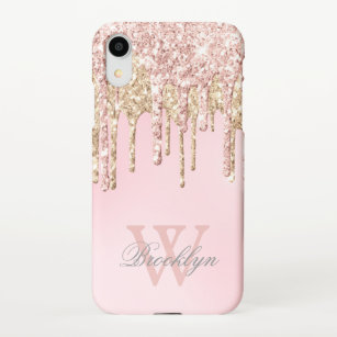 Girly Blush Rose Gold Glitter Drips Monogrammed iPhone Case