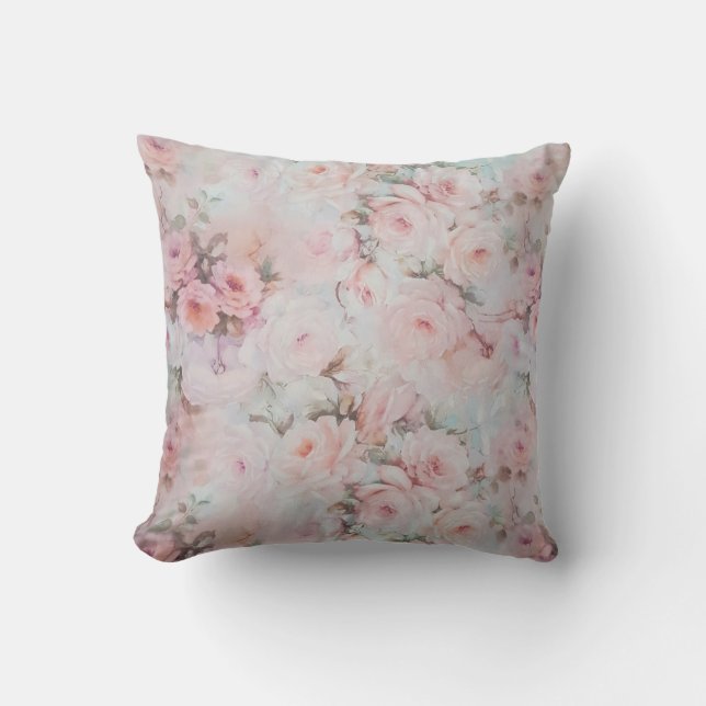 Girly blush tones pink boho country floral cushion (Front)