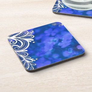 Girly bohemian chic blue floral white lace coaster