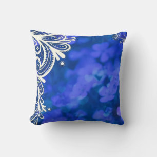 Girly bohemian chic blue floral white lace cushion