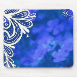 Girly bohemian chic blue floral white lace mouse pad