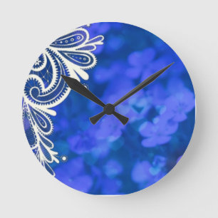 Girly bohemian chic blue floral white lace round clock