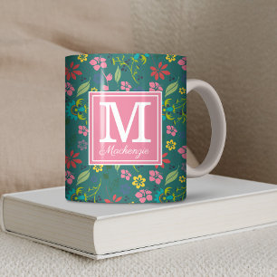 Girly Bohemian Colourful Flowers Teal Monogram Coffee Mug