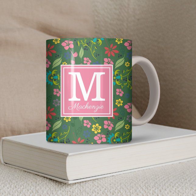Girly Bohemian Flowers Forest Green Pink Monogram Coffee Mug (Girly Bohemian Flowers Forest Green Pink Monogram Coffee Mug)