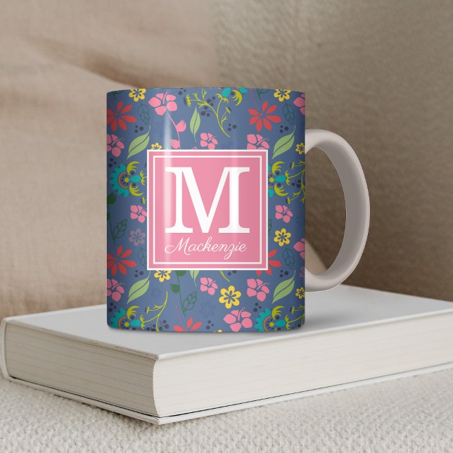Girly Bohemian Flowers Monogram Coffee Mug (Girly Bohemian Flowers Blue and Pink Monogram Coffee Mug)