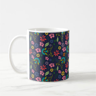 Girly Bohemian Flowers Navy Blue and Pink Coffee Mug
