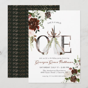 Girly Boho Floral Antler Tribal Wild One Birthday Invitation