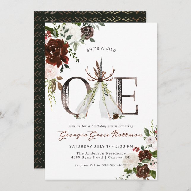 Girly Boho Floral Antler Tribal Wild One Birthday Invitation (Front/Back)