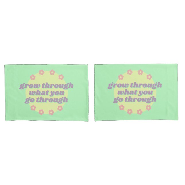 Girly Boho Pastel Green Quote Retro Flowers Pillowcase (Front-Set)