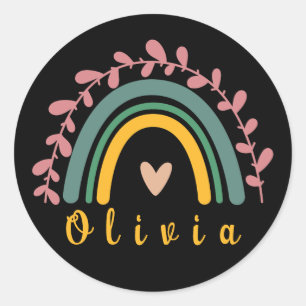 Girly Boho Rainbow with Personalised Name Classic Round Sticker