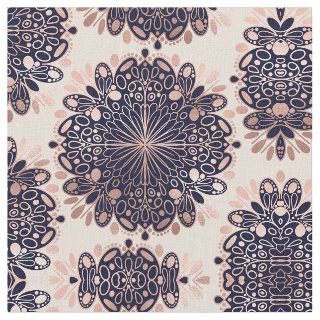 Girly Boho Rose Gold Blush Pink Navy Mandalas Fabric (Close Up)