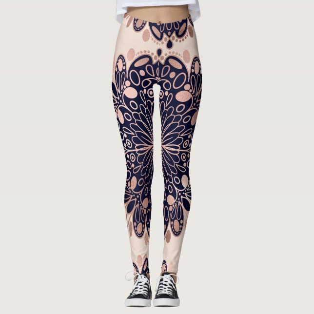 Girly Boho Rose Gold Blush Pink Navy Mandalas Leggings (Front)