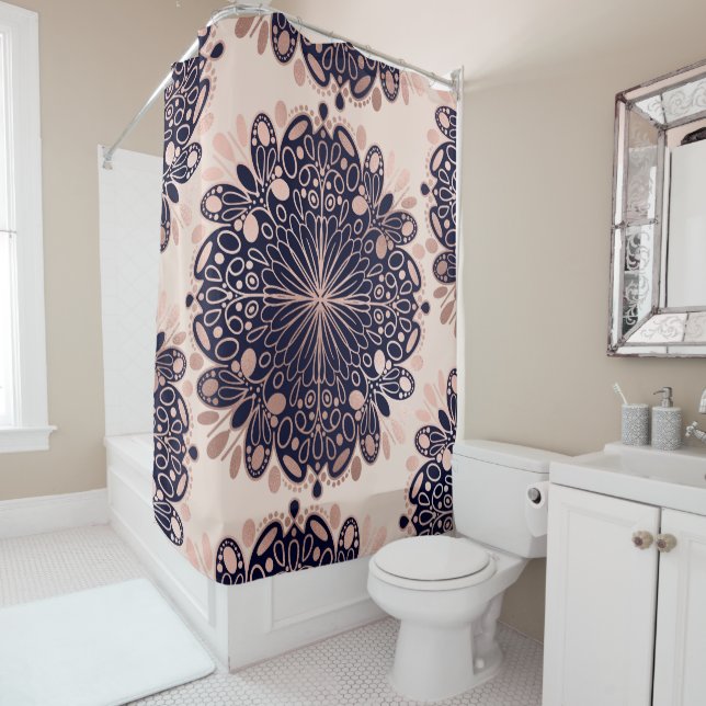 Girly Boho Rose Gold Blush Pink Navy Mandalas Shower Curtain (In Situ)