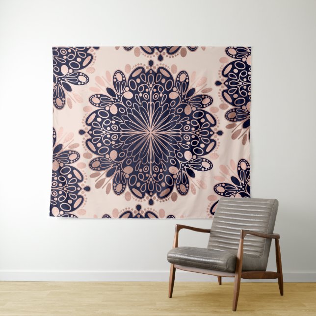 Girly Boho Rose Gold Blush Pink Navy Mandalas Tapestry (In Situ (Horizontal))