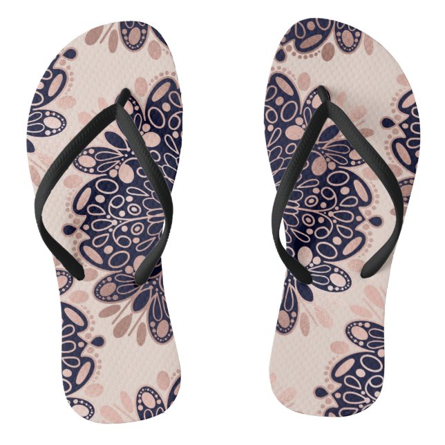 Girly Boho Rose Gold Blush Pink Navy Mandalas Thongs (Footbed)